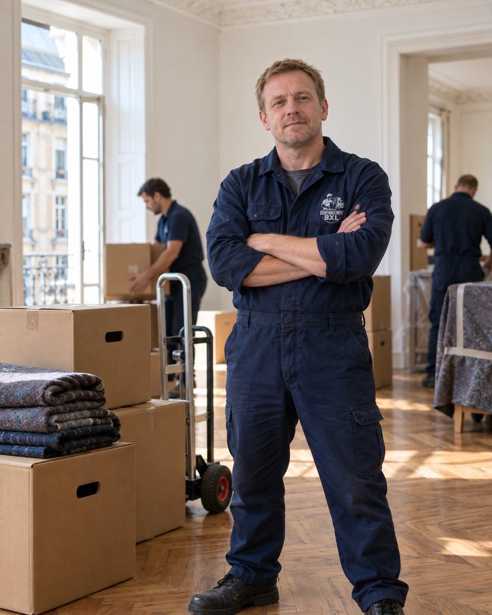 Déménageur en tenue Déménagement BXL, équipe au travail dans un appartement bruxellois
