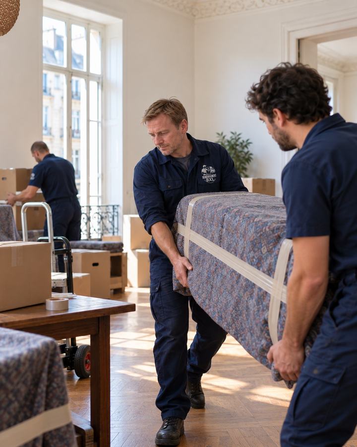 Deux déménageurs de Déménagement BXL transportant un meuble emballé et sanglé dans un appartement